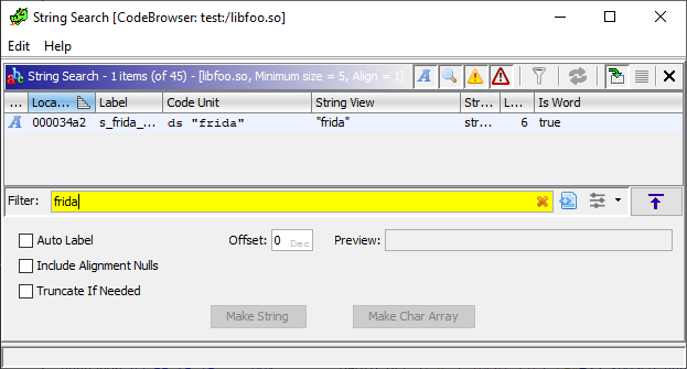Search for string frida in the binary