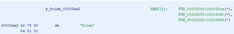 "frida" string location with xrefs
